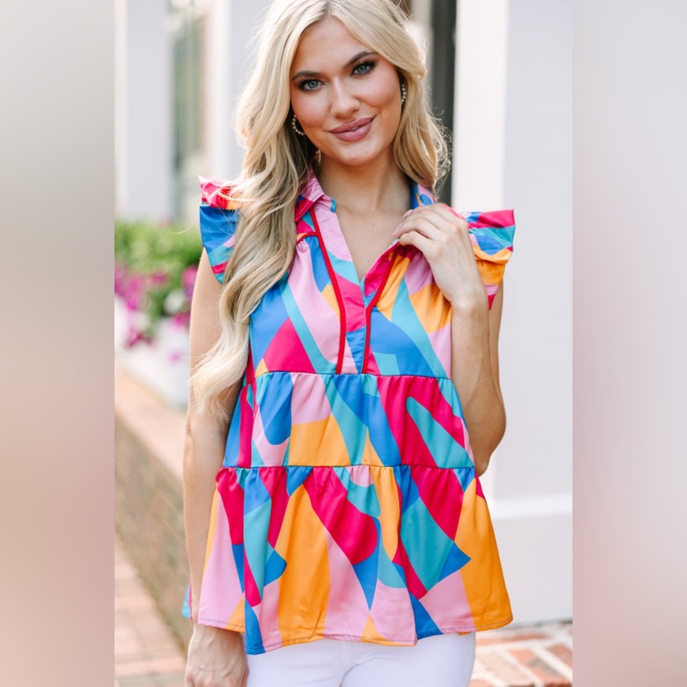 Abstract Colorful Geometric Ruffle Sleeve Top L Large Umgee